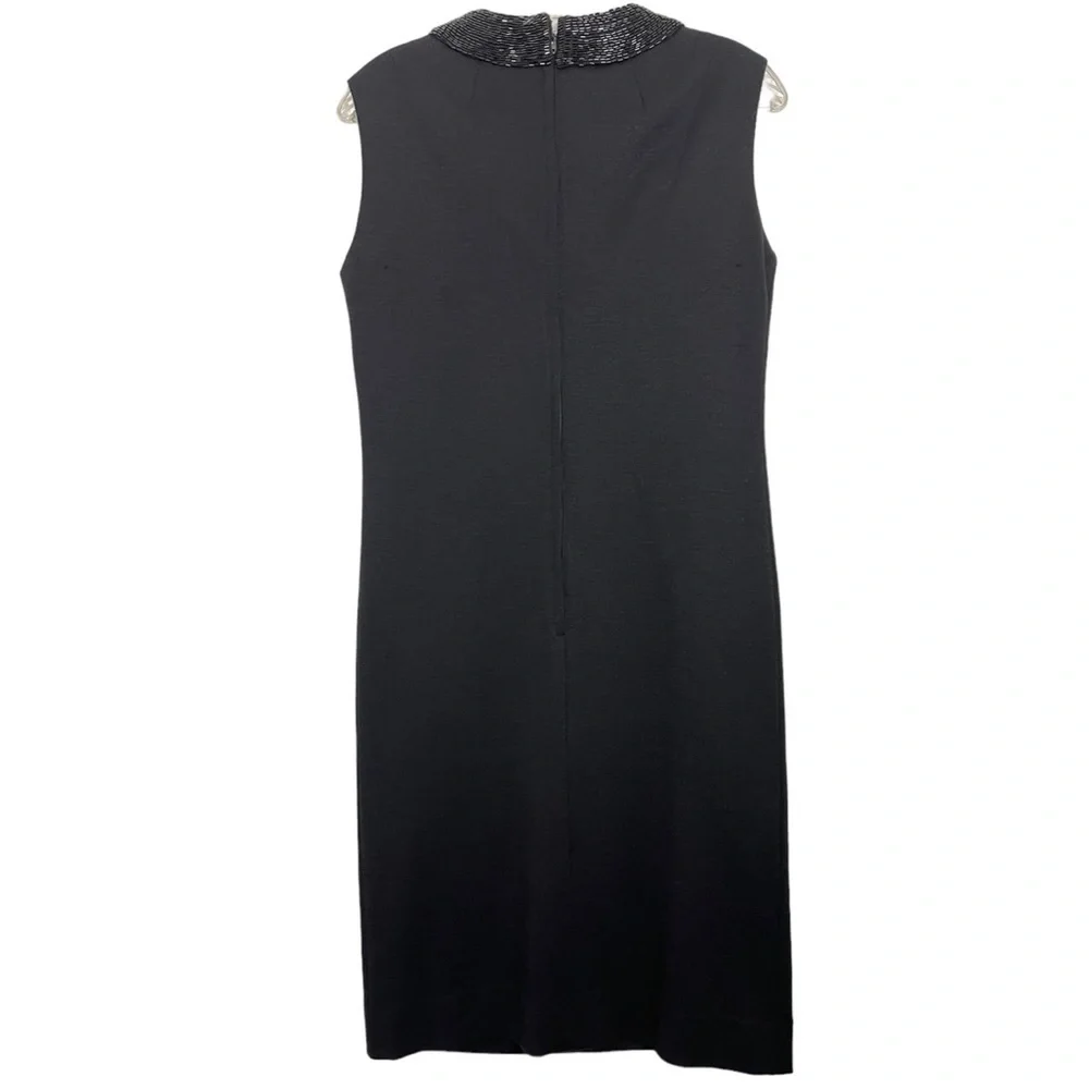 Vintage Black Beaded V-Neck Collar‎ Knit Mid Length Sheath Dress LBD